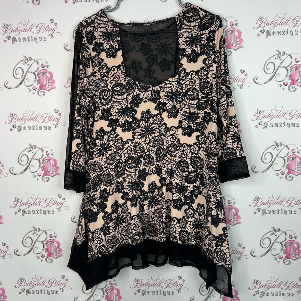 Long sleeve top fairy hem bottom Elegant Black Lace Floral Women's Top - Picture 2 of 8